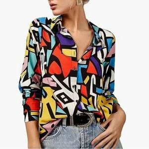 Big Dart Womens Multicolor Geometric Button-Up Long Sleeve Top US 6-8‎ EUR 38